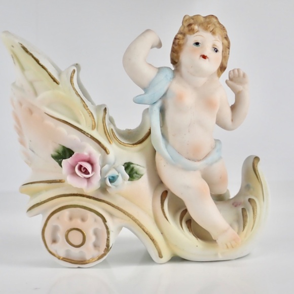 German Other - Antique Bisque Figure Collectible BABY Cherub & Carriage 4" x 4" DECOR STATUETTE